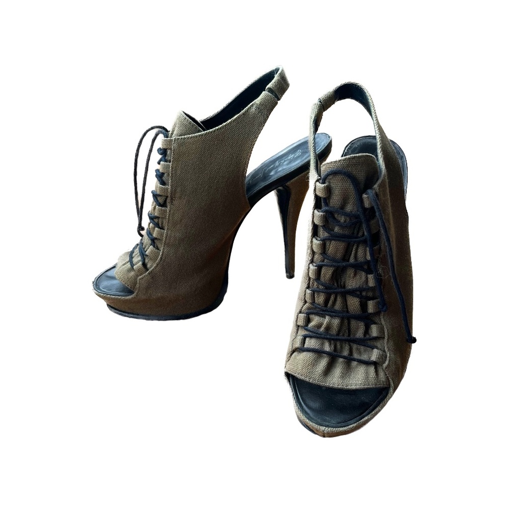 Elizabeth and James Lace Up Peep Toe Sling Platform Heels Army Green, Size 10